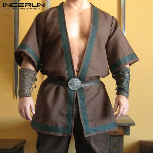 Cool Medieval Renaissance Mens Dress Shirt Cotton Tunic Cloak Coats Long Sleeve Shirts Tops Cardigan Viking Tops Outwear 5XL